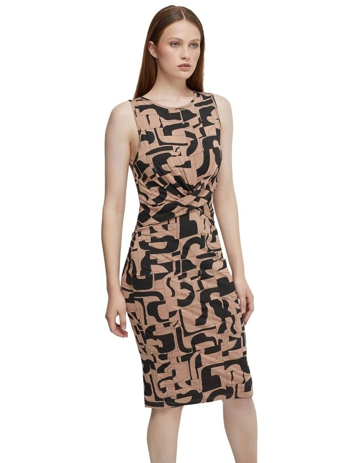 Holly Sleeveless Printed Dress in Mocha/Black