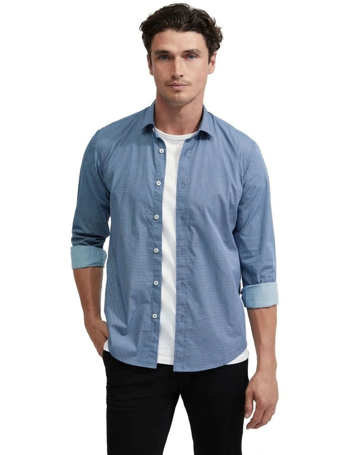 Kenton Printed Cotton Shirt in Blue