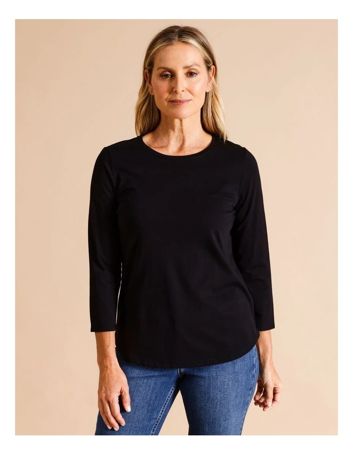 Organic Cotton Wardrobe Staple 3/4 Sleeve Tee In Black