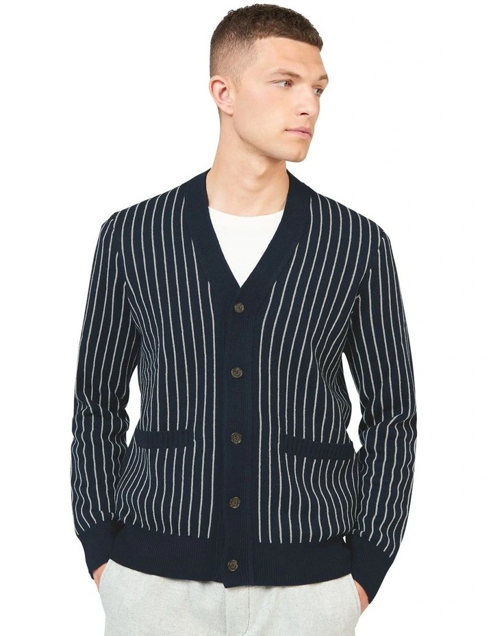 Jacquard Stripe Cardigan in Navy