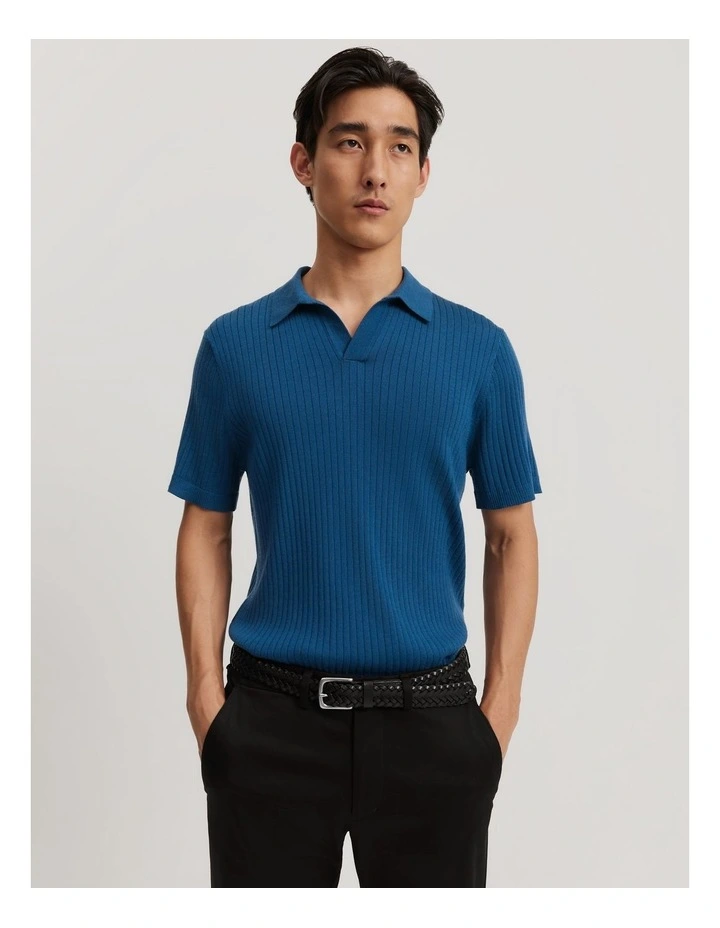 Merino Rib Trophy Polo in Dark Cobalt