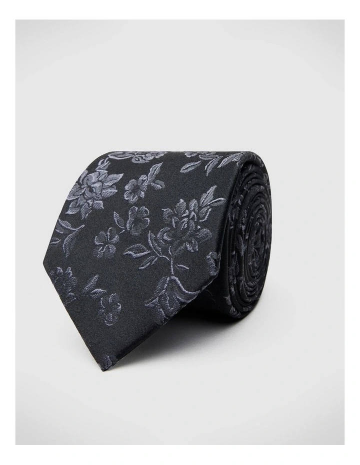 Two Tone Black Floral Silk Tie in Black