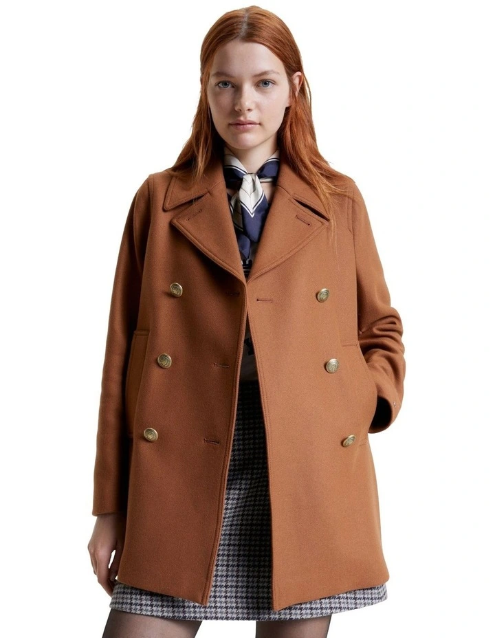 Wool Blend Prep Classic Peacoat in Natural Cognac