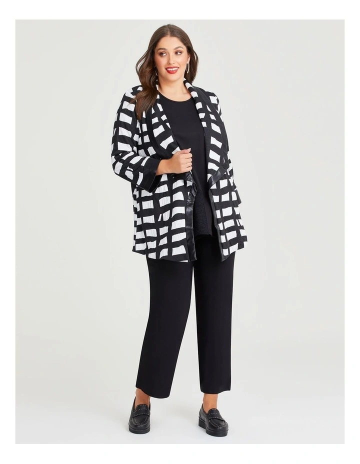 Faux Leather Trim Cube Knit Jacket in Black/White