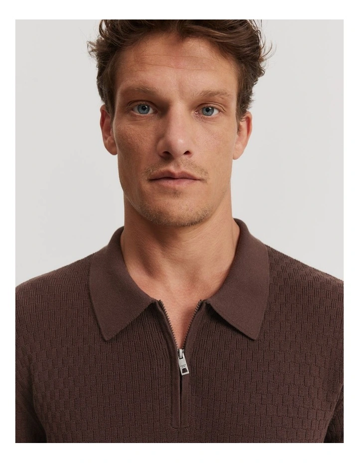 Cotton Silk Textured Knit Polo Shirt in Chocolate