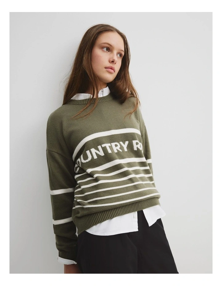 Teen Logo Stripe Knit in Olive