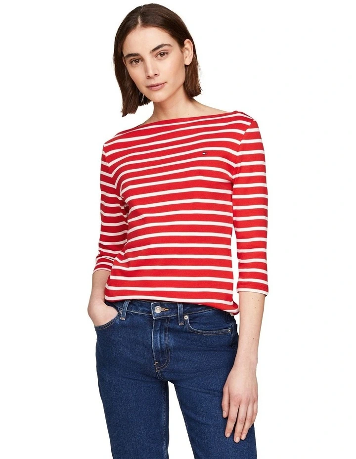 Three-Quarter Sleeve Boat Neck T-shirt in Red