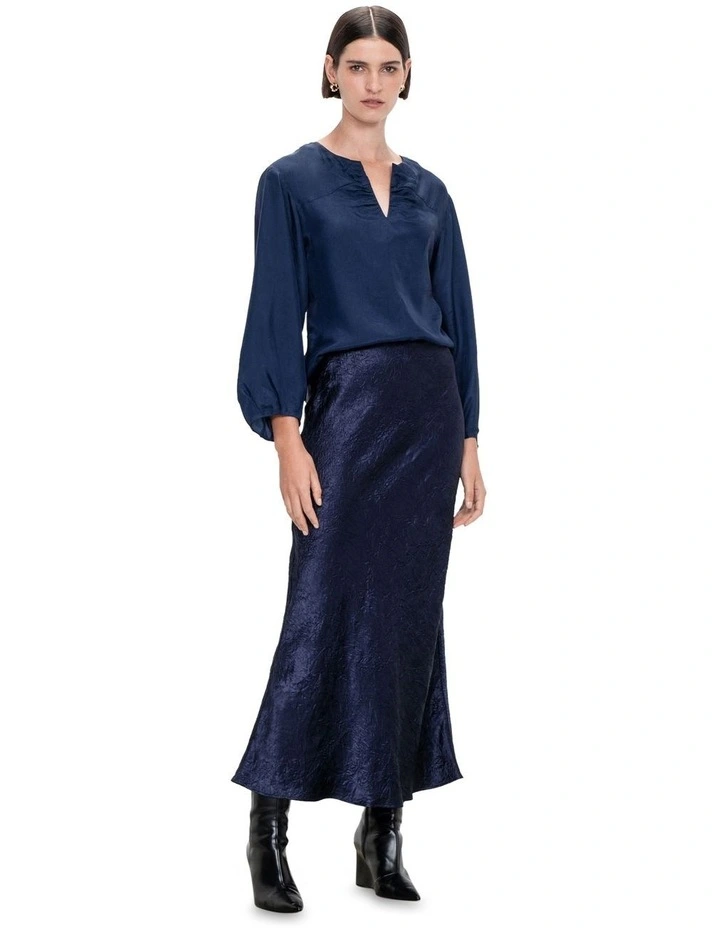 Crushed Twill Tuck Neck Top in French Navy