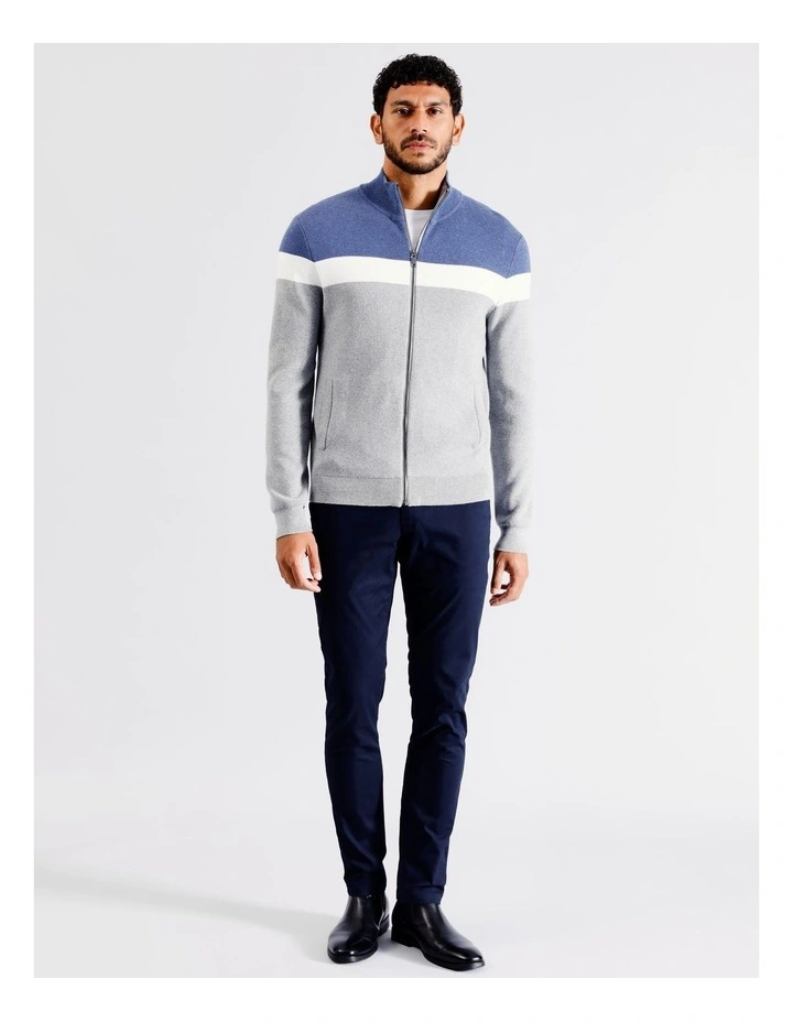Simon Block Stripe Knit Zip Through in Blue