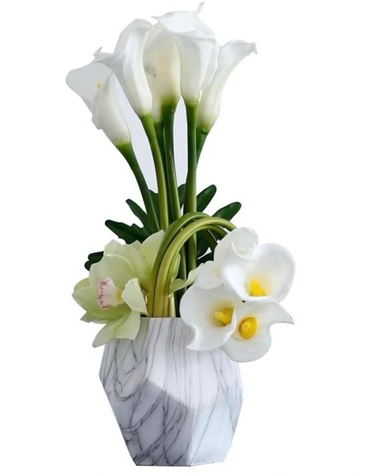 Artificial White Calla Lily Floral Arrangement In Marble Look Vase