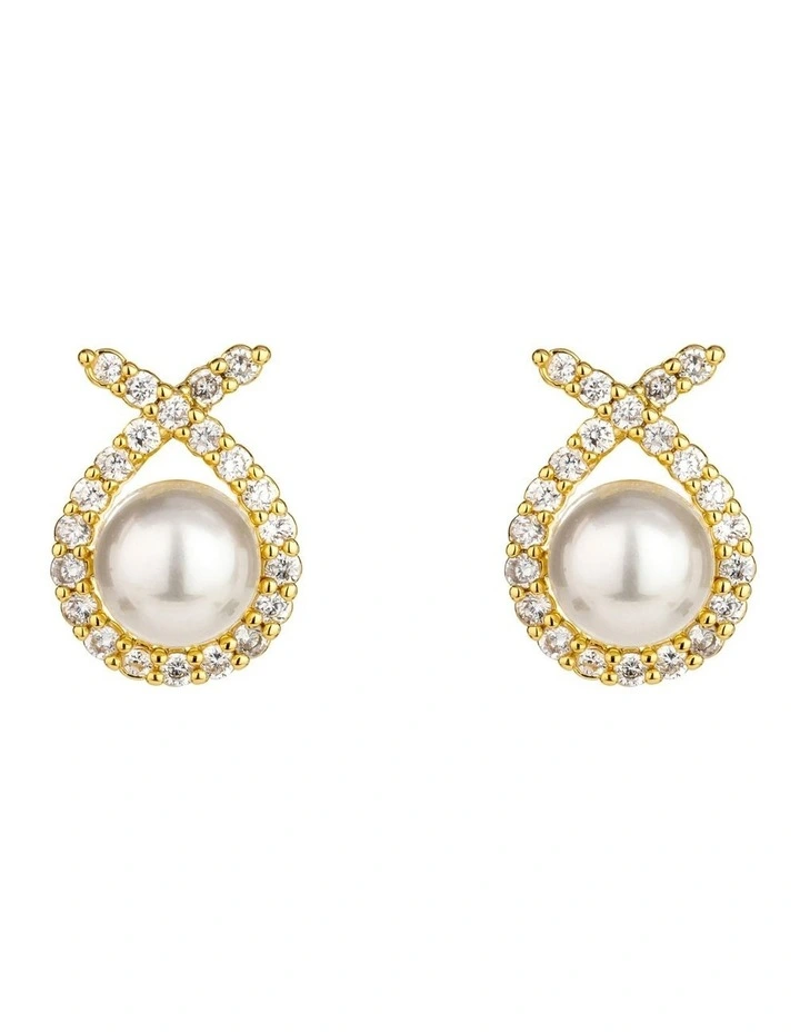 Cz Ribbon With Pearl Studs Earring in Gold