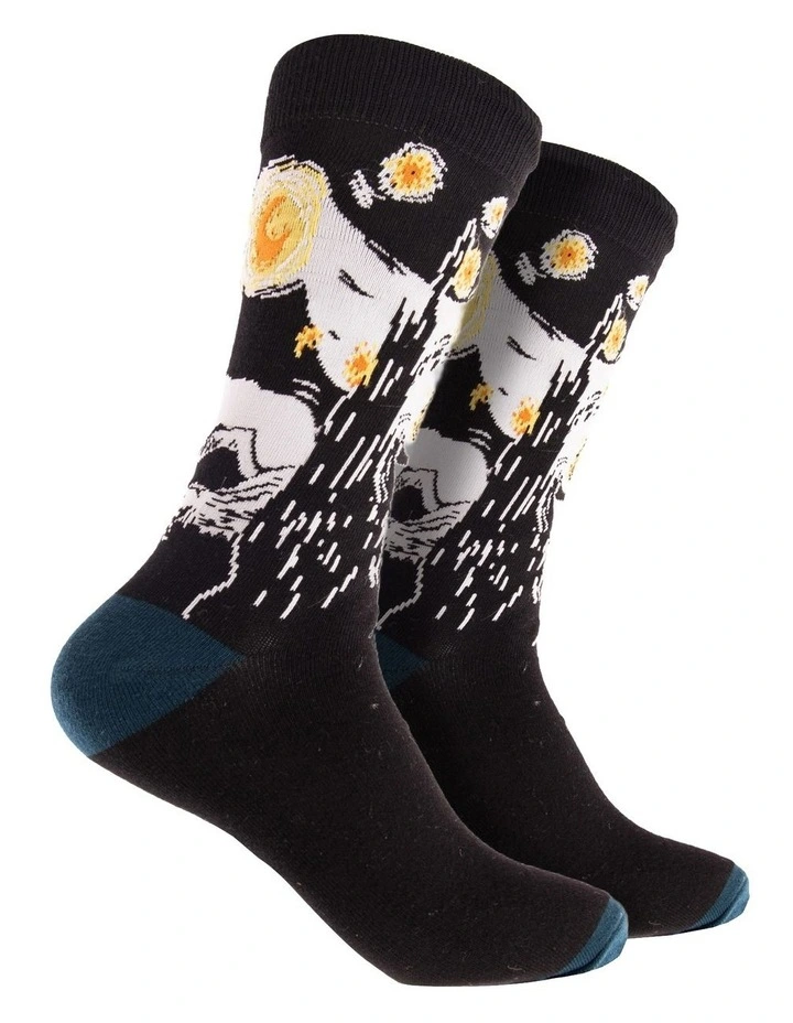 Starry Night Art Cotton Crew Sock in Black/White