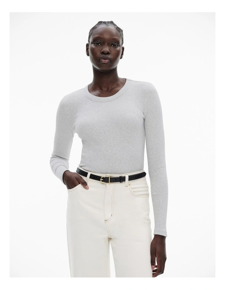 Cotton Long Sleeve Rib Top in Light Grey Marle