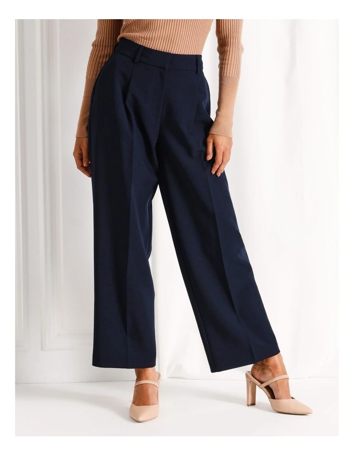 Recycled Blend Pleat Front Wide Leg Pant in Navy