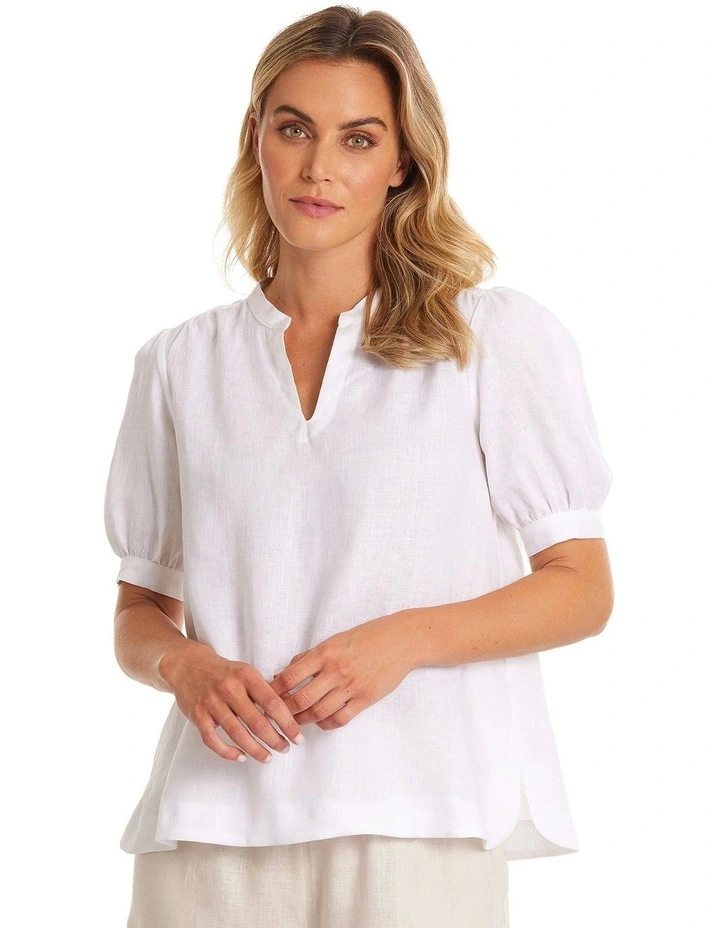 Elbow Gathered Linen Top in White