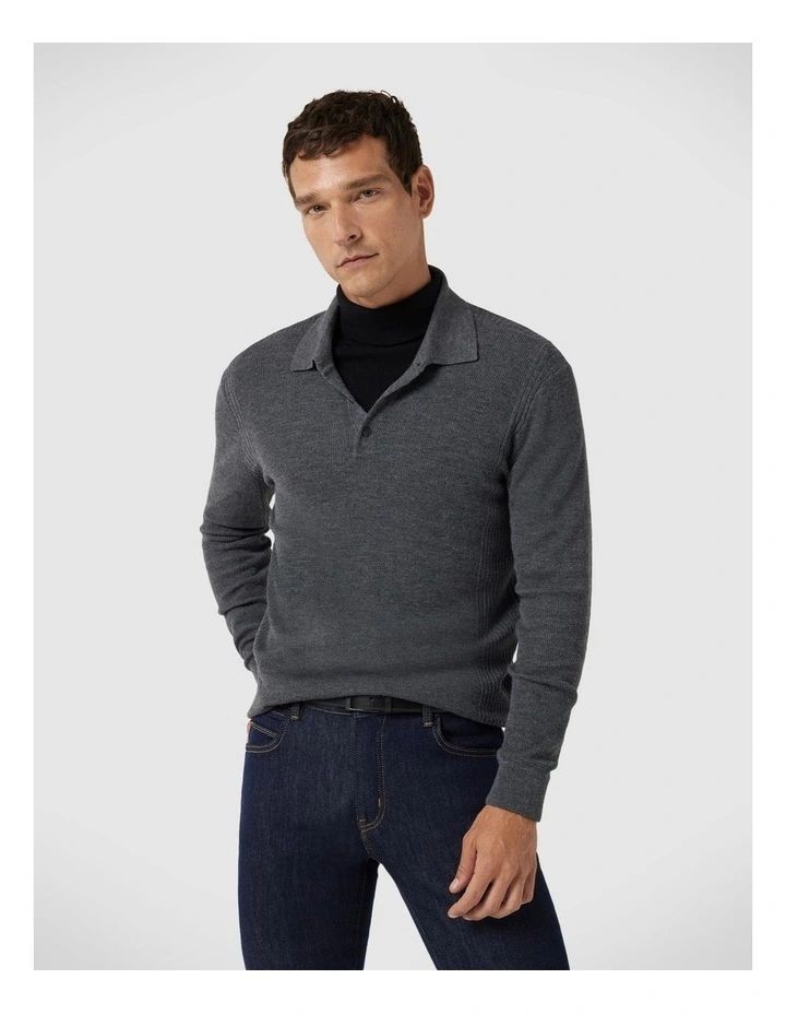 Long Sleeve Knitted Polo in Charcoal