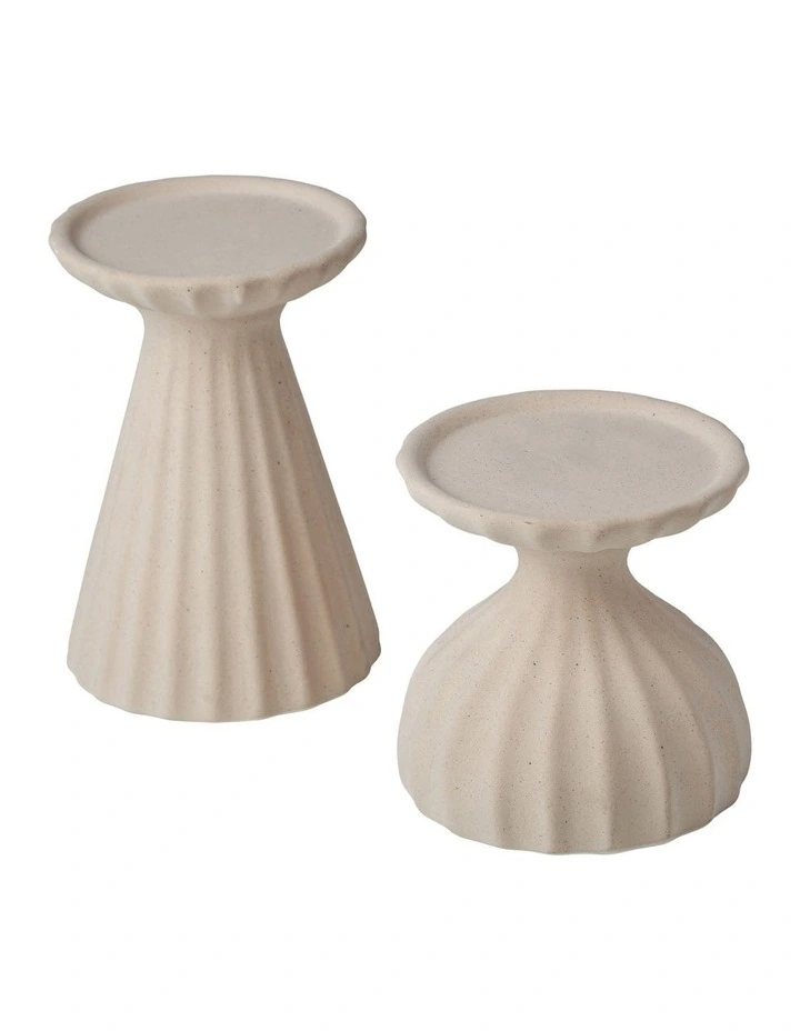 Ceramic Ribbed Candle Holder Set of 2 in Beige