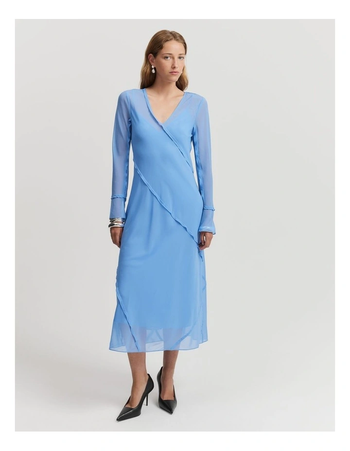 Georgette Long Sleeve Midi Dress in French Blue