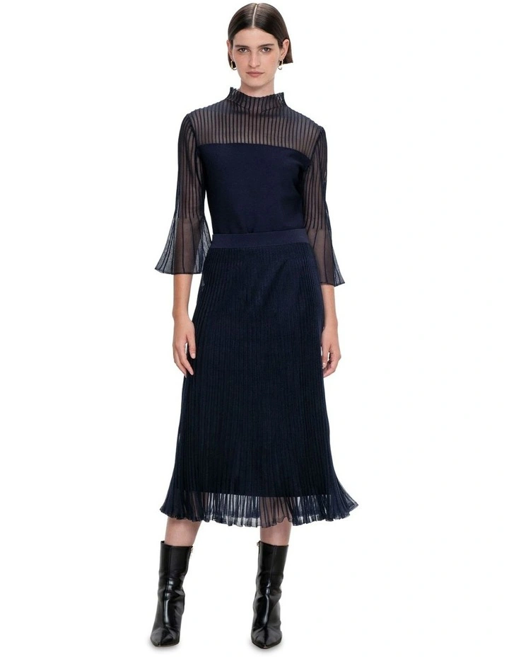 Sheer Pleated Knit Skirt in Ink