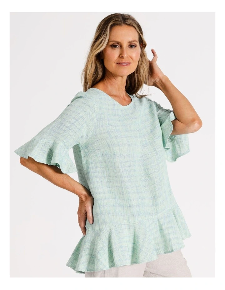 European Linen Blend Fluted Hem And Sleeve Top in Blue/Green Crossdye