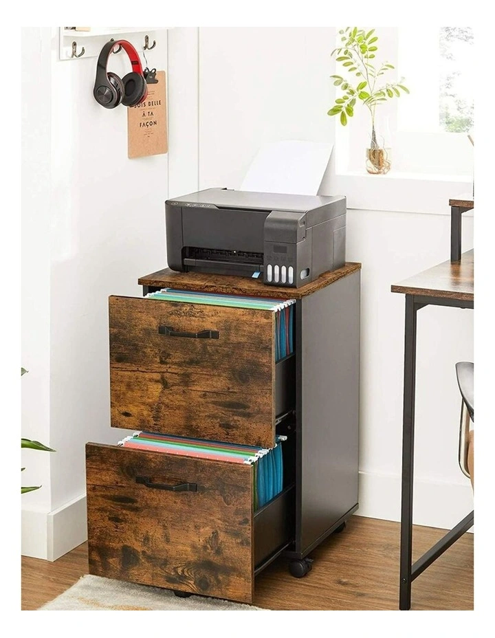File Cabinet with 2 Drawers and Wheels in Rustic Brown/Black
