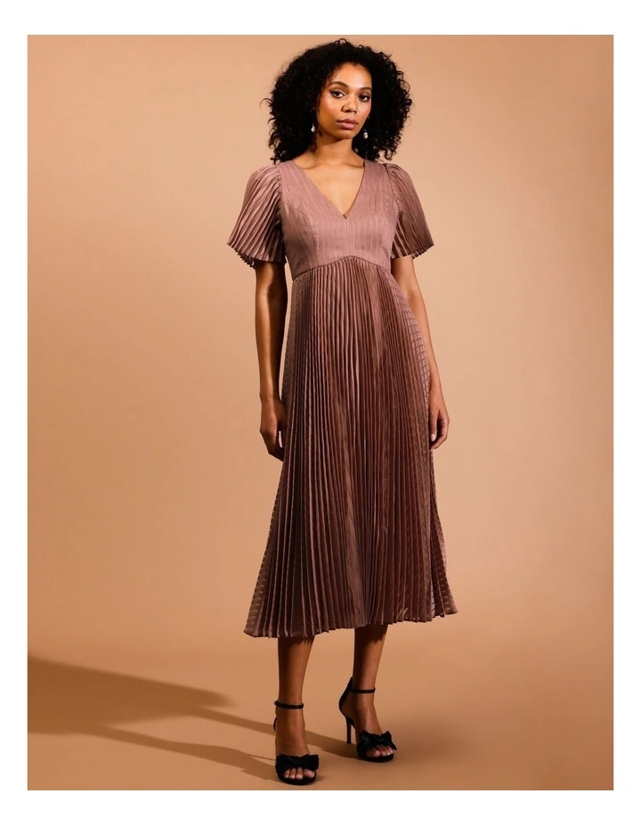 Pleated Self Stripe Midi Dress in Pink