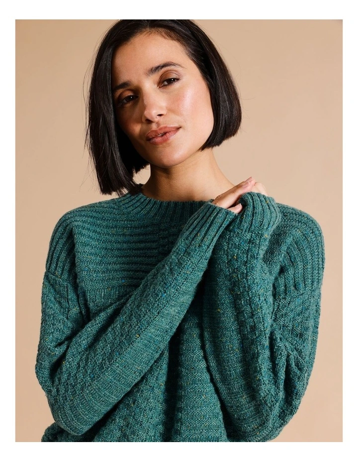 Patchwork Jumper With Straight Hem In Green Fleck