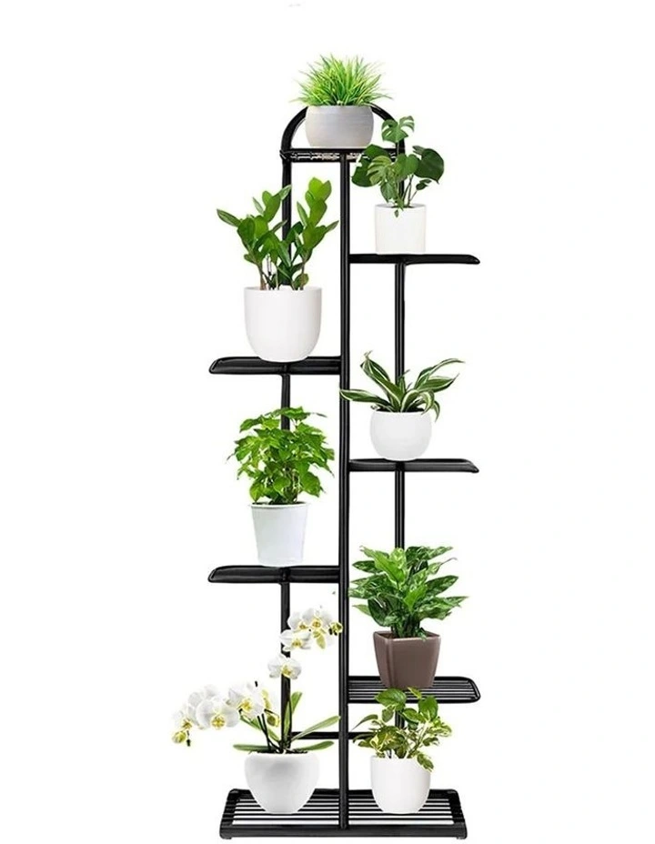7 Tier 8 Pots Metal Flowerpot Shelf Rack in Black