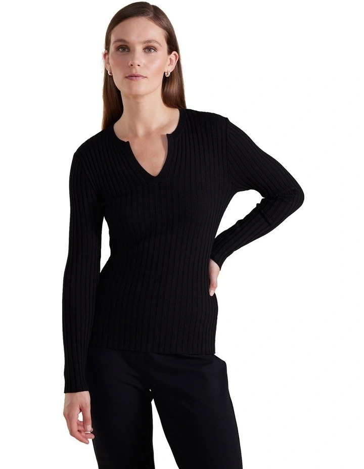 Essential Rib Knit Henley Jumper in Black