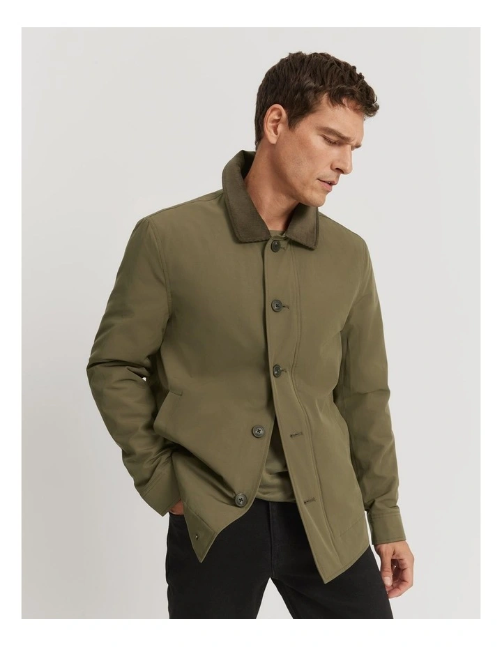 Cord Trim Wadded Jacket in Olive
