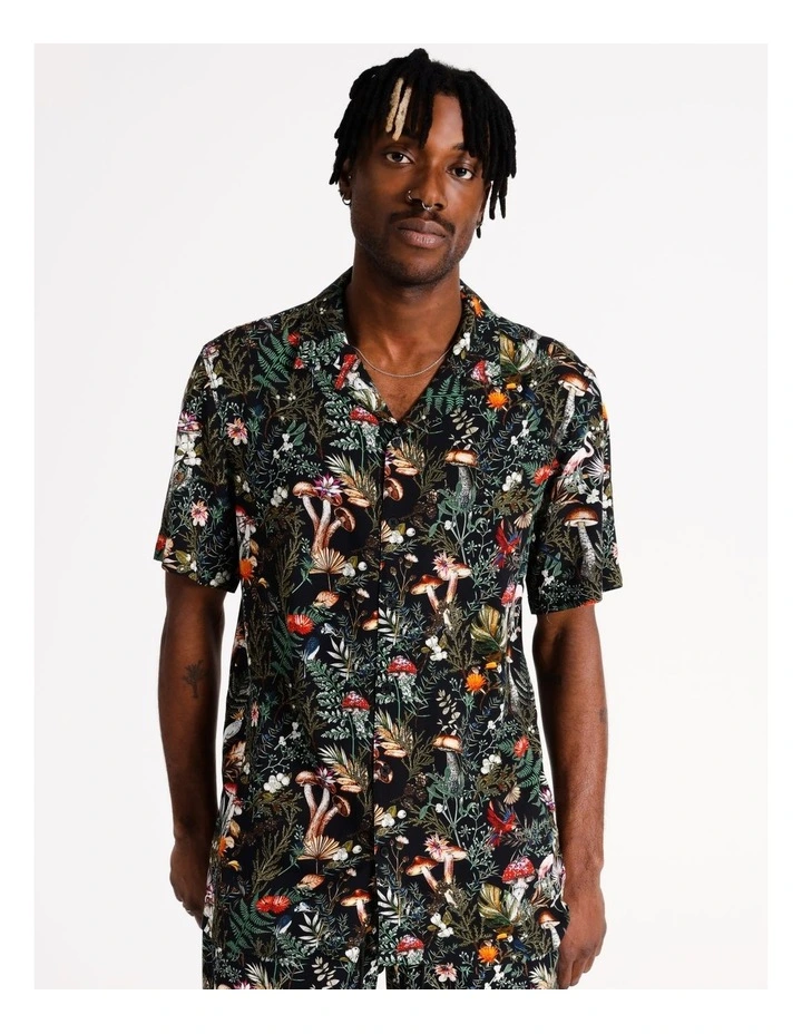 Magic Garden Print Short Sleeve Rayon Shirt in Black