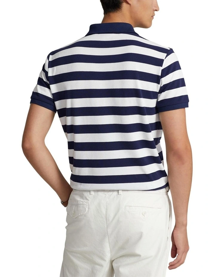 Custom Slim Fit Striped Mesh Polo Shirt in Navy
