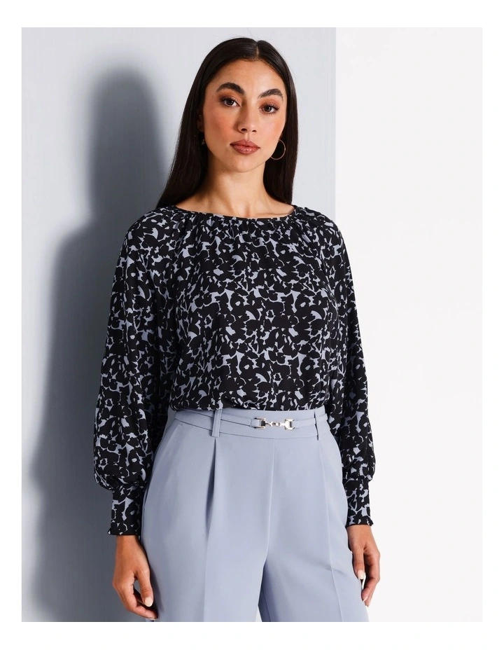 Recycled Poly Blend Gathered Neck Top in Dusty Blue