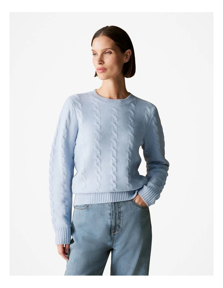 Wool Cable Knit Crew in Sky Blue