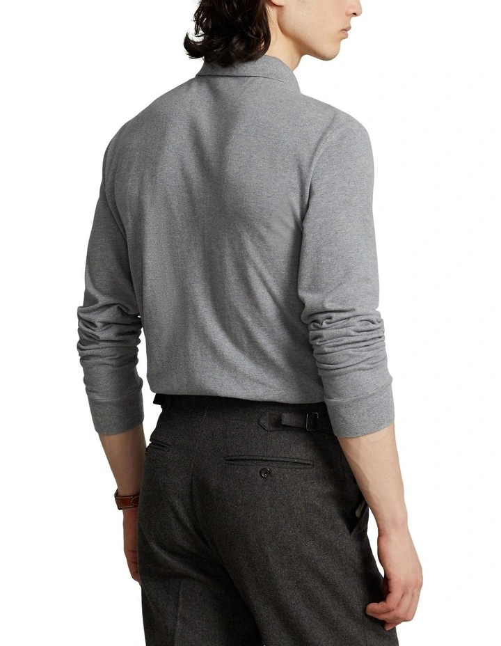 Classic Fit Mesh Long-Sleeve Polo Shirt in Grey