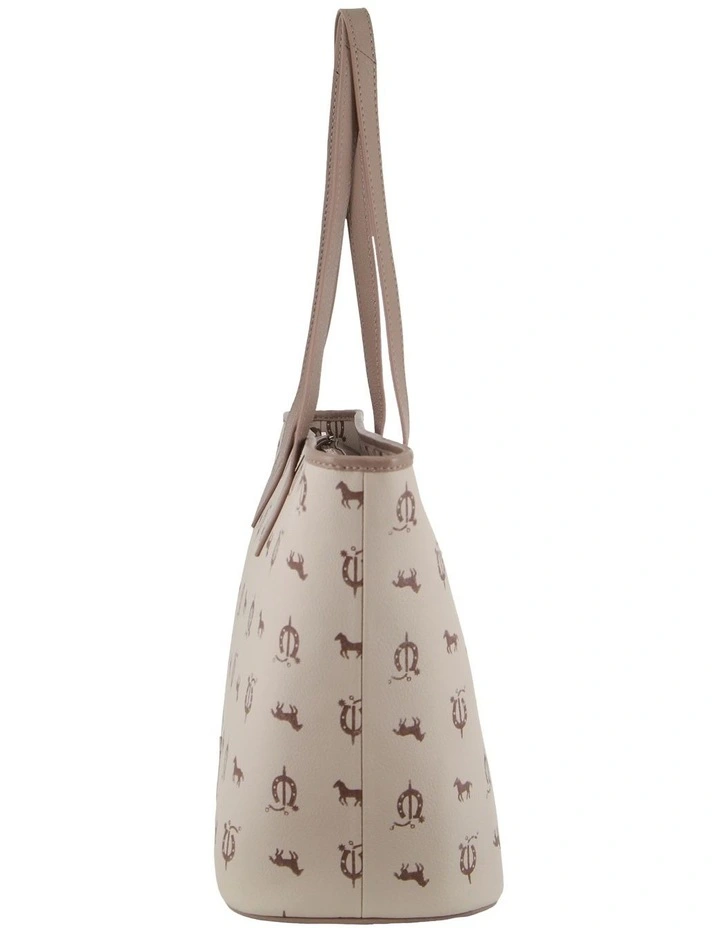 Canvas Print Leather Trim Tote Bag in Beige