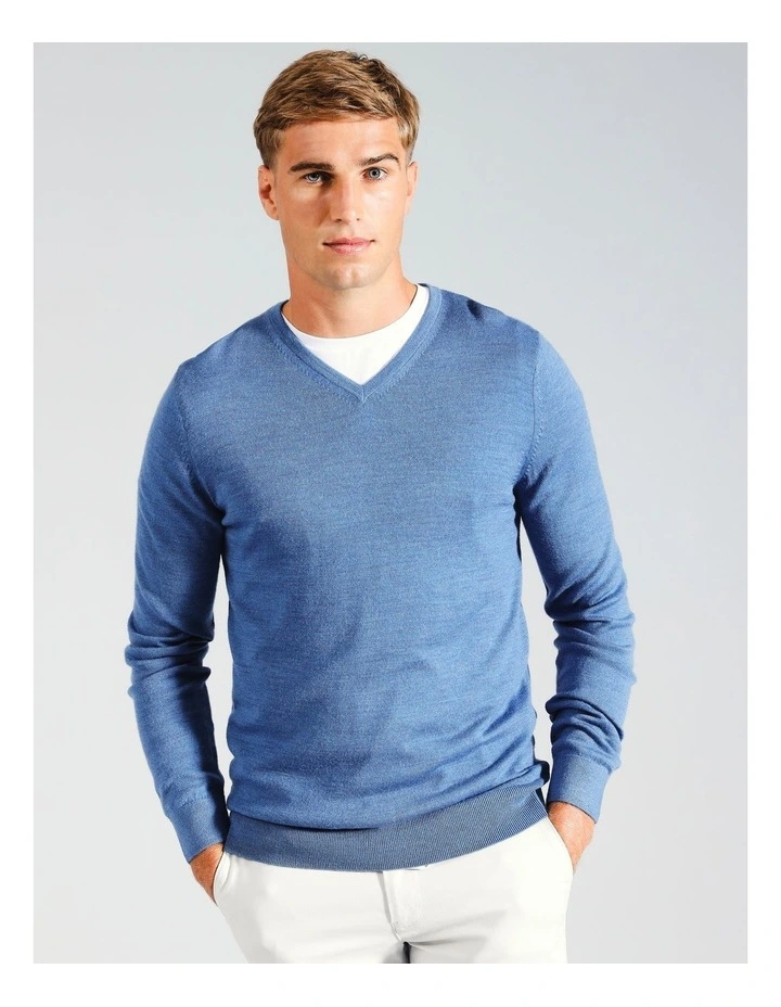 Australian Merino V-Neck Knit in Blue