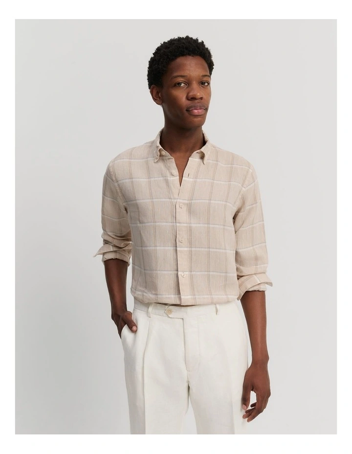 Regular Fit Organically Grown Linen Check Shirt in Oat