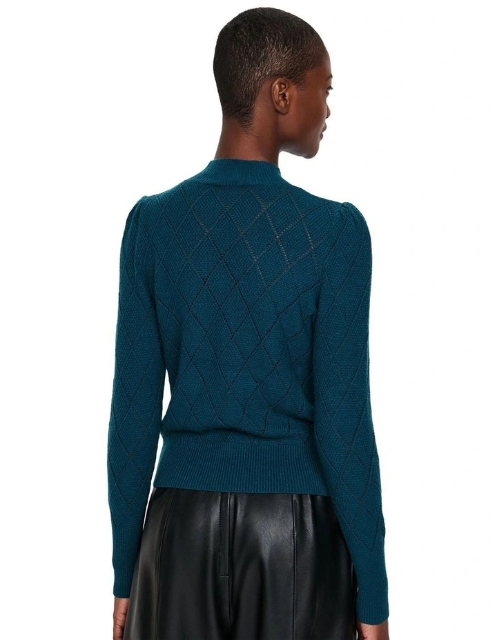 Diamond Pattern Puff Sleeve Knit Top in Teal