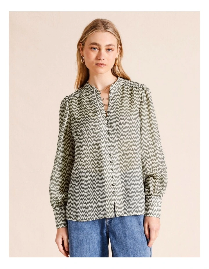Ramie High Neck Button Blouse in Khaki