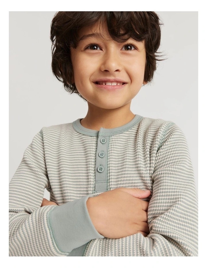 Organically Grown Cotton Stripe Waffle Henley in Fern