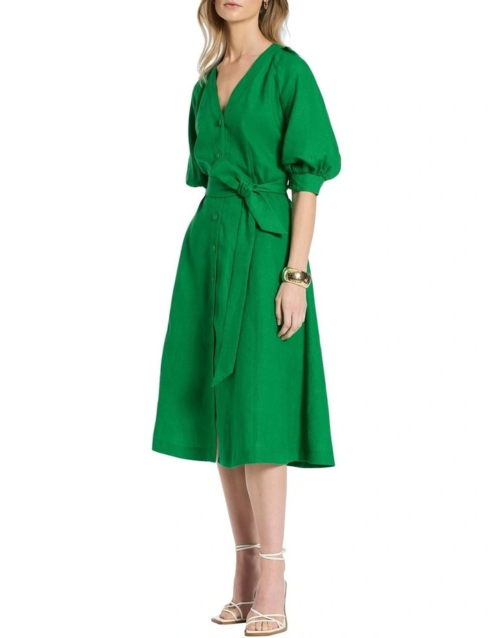Adrienne Linen Dress in Emerald