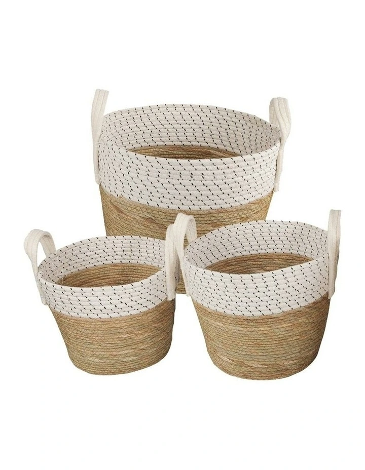 Cotton Rope Stripe Carry Handles Storage Baskets Set of 3 in Beige