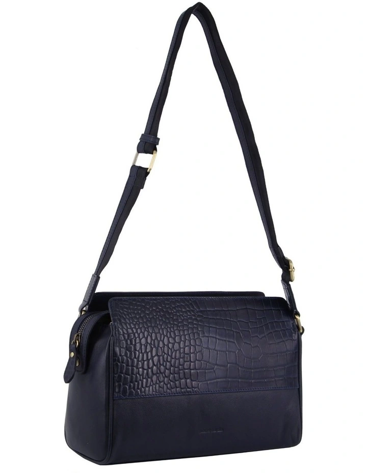 Croc-Embossed Leather Cross-Body Bag in Navy