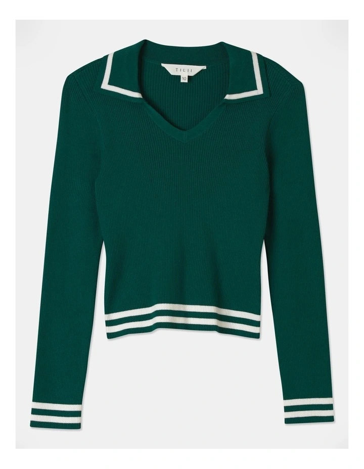 Long Sleeve Rib Collared Top in Green