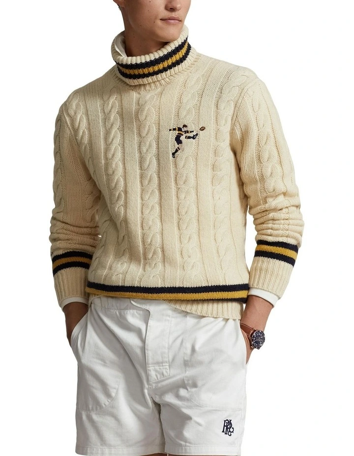 Cable-Knit Wool-Blend Turtleneck Sweater in Beige