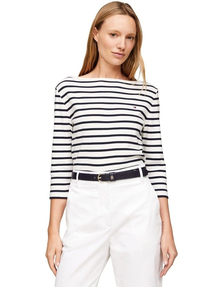 Three-Quarter Sleeve Boat Neck T-shirt in Blue
