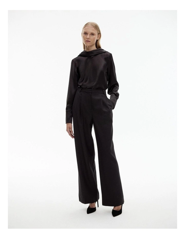 Drape Neck Long Sleeve Blouse in Black