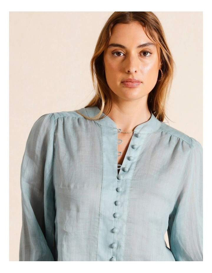 Ramie High Neck Button Blouse in Dusty Blue