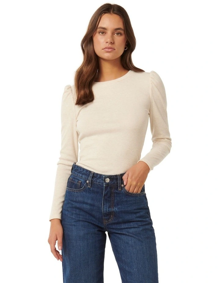 Vina Ribbed Puff Sleeves Top in Natural